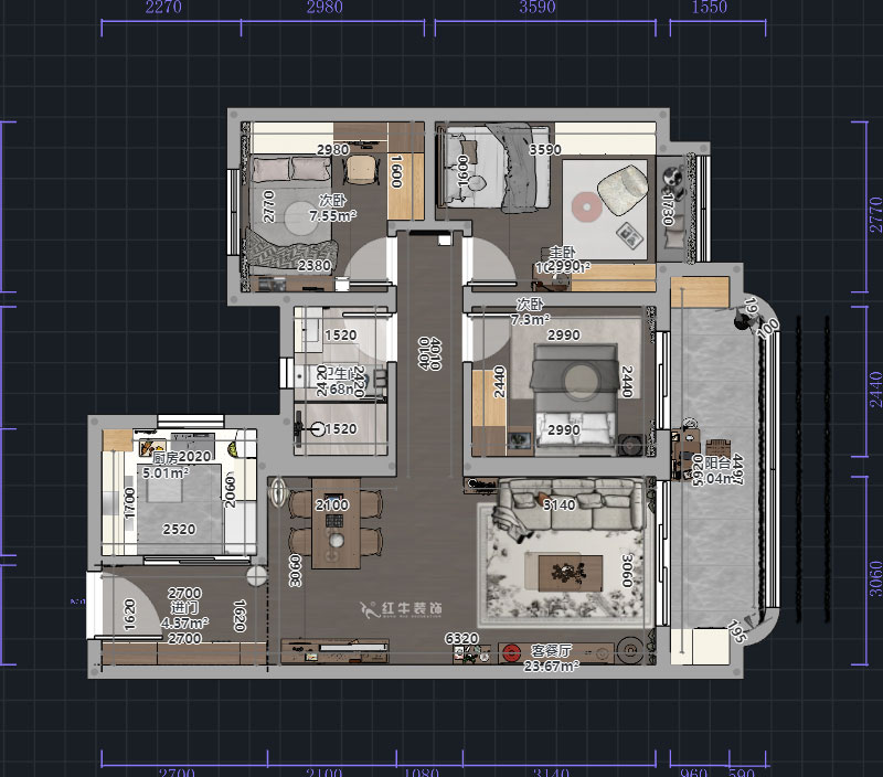 熊皓宇｜高科紫尧星院-90㎡-现代原木风｜3室2厅1卫｜精装修改造｜00_01平面彩图